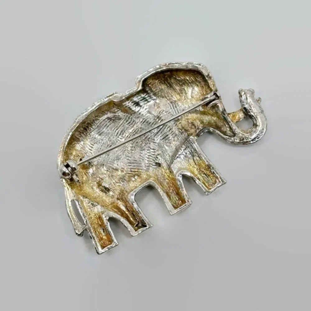 Elephant Brooch, Silver, Rhinestone, Lucky, Trunk Up, Vintage Pin, Enamel, Black